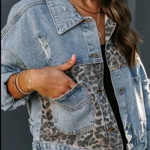 Blue Leopard Patchwork Denim Jacket